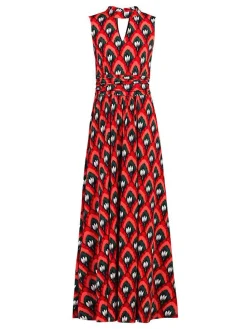Turtleneck Jersey Print Maxi Dress, Red Pattern