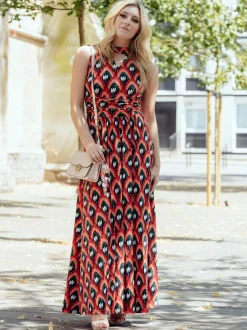 Turtleneck Jersey Print Maxi Dress, Red Pattern