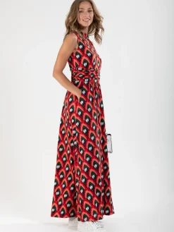 Turtleneck Jersey Print Maxi Dress, Red Pattern