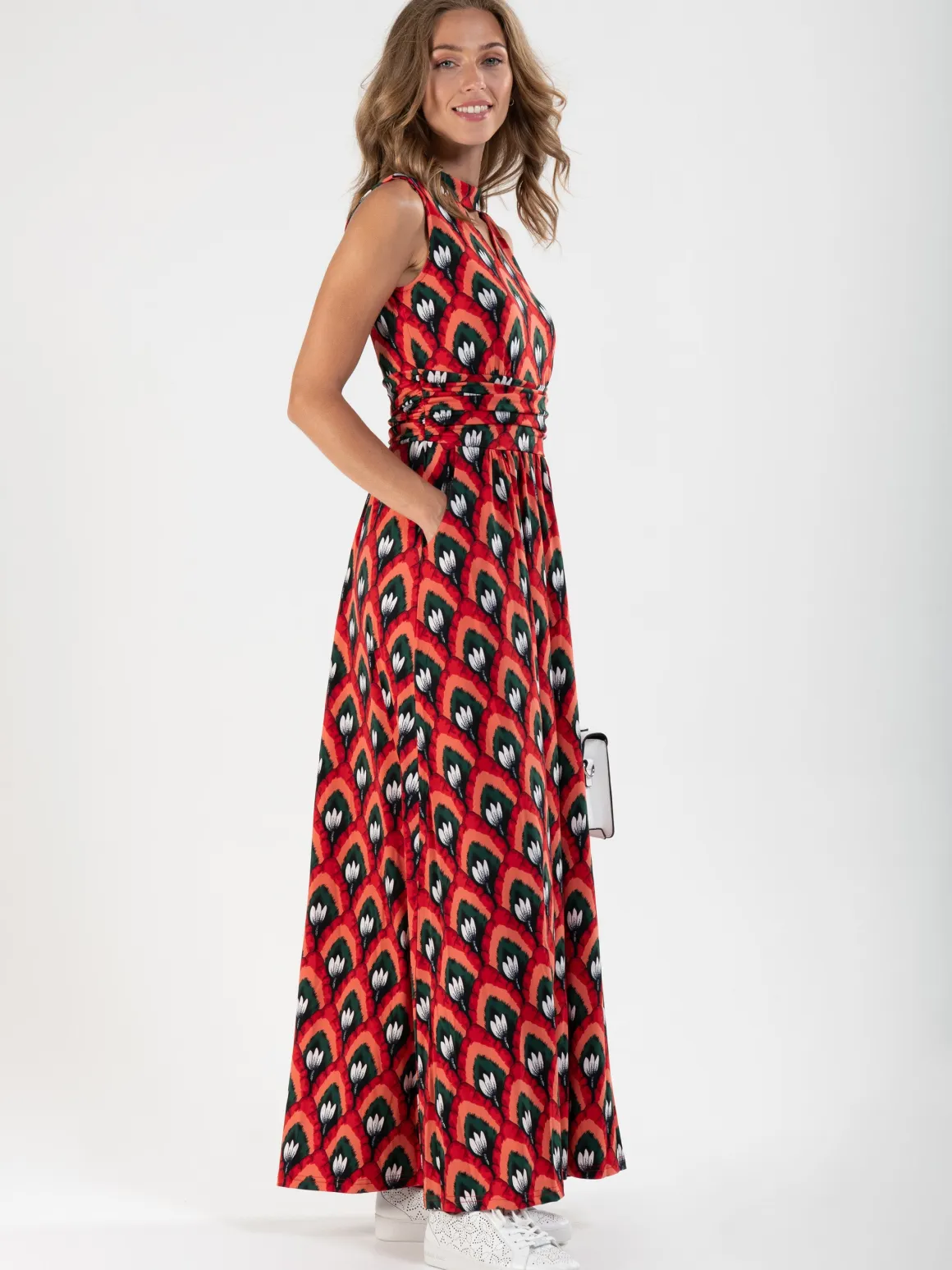 Turtleneck Jersey Print Maxi Dress, Red Pattern