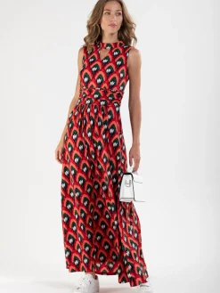 Turtleneck Jersey Print Maxi Dress, Red Pattern