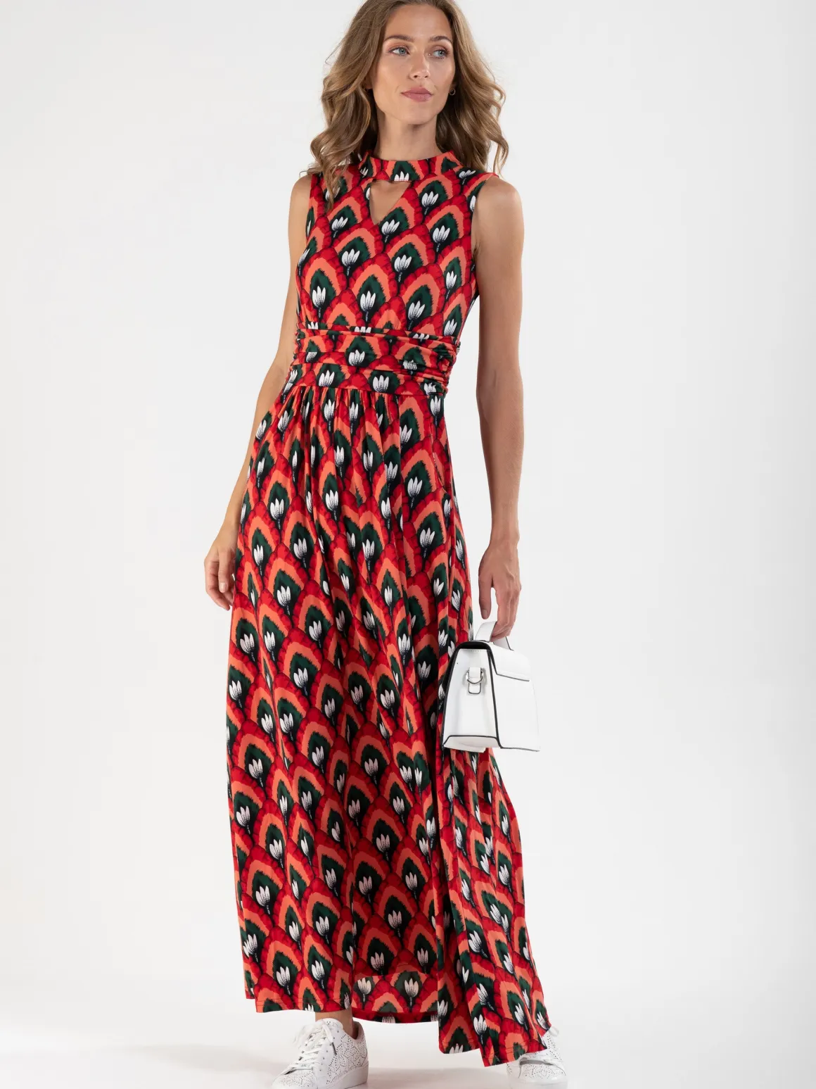 Turtleneck Jersey Print Maxi Dress, Red Pattern