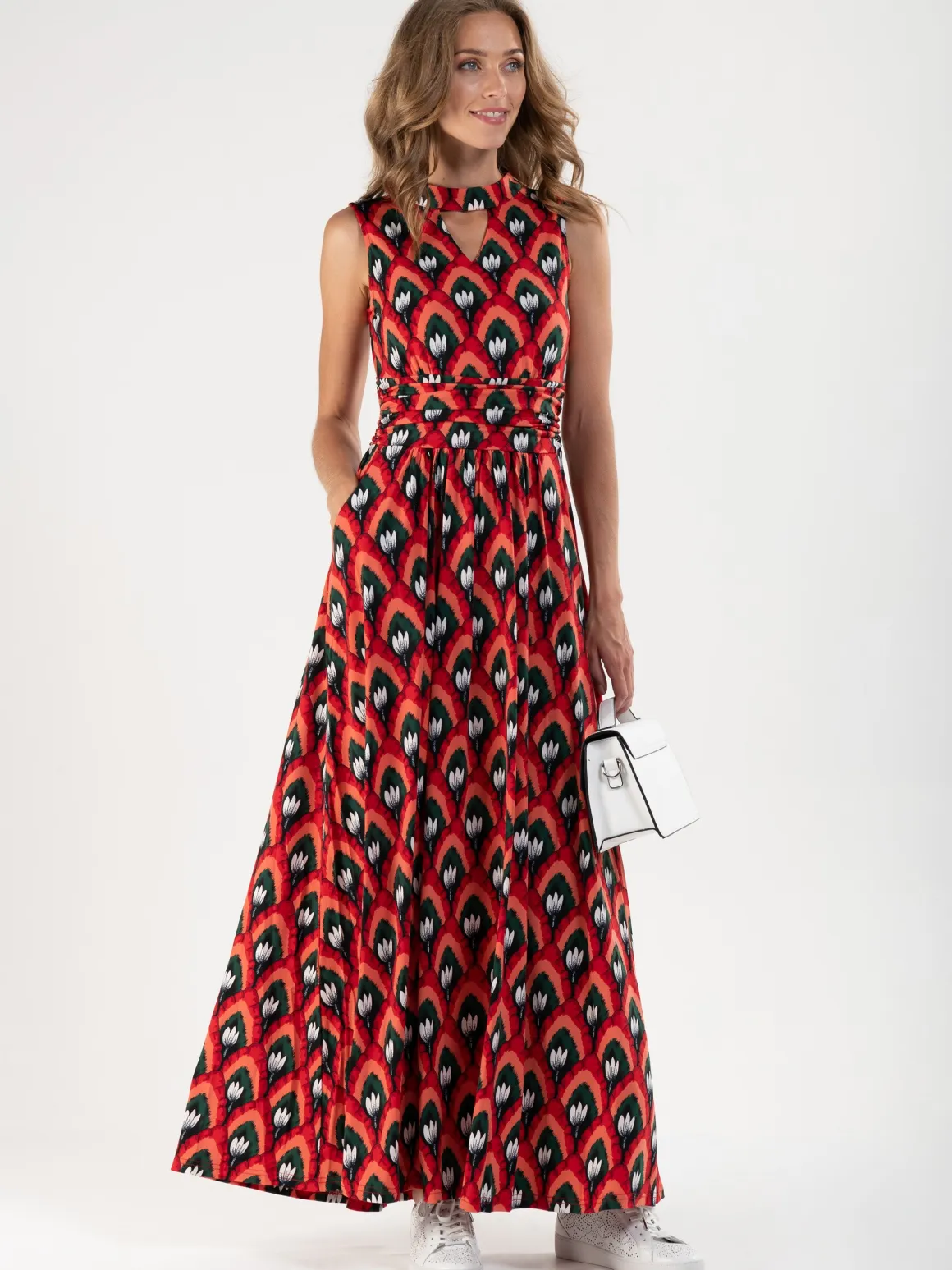 Turtleneck Jersey Print Maxi Dress, Red Pattern
