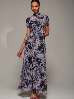 Turtle Neckline Mesh Maxi Dress, Black Abstract