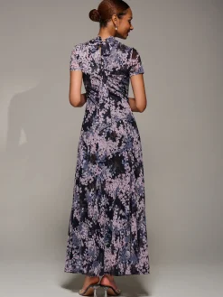 Turtle Neckline Mesh Maxi Dress, Black Abstract