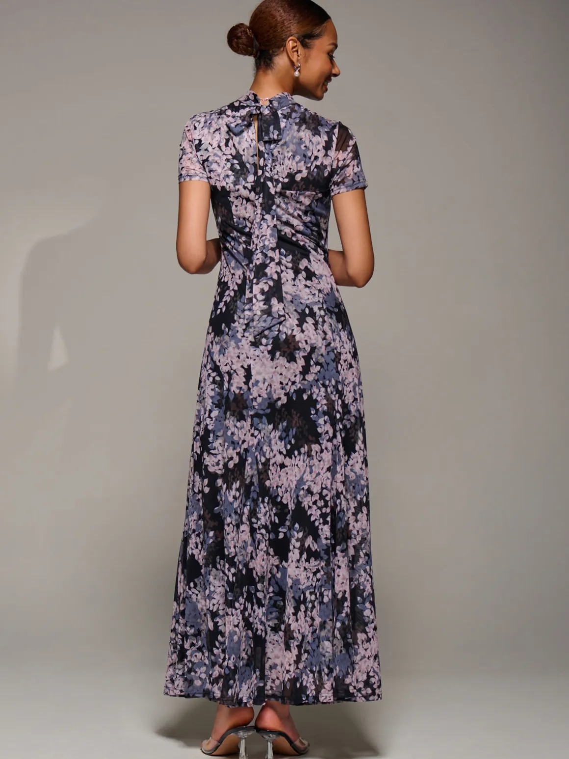 Turtle Neckline Mesh Maxi Dress, Black Abstract