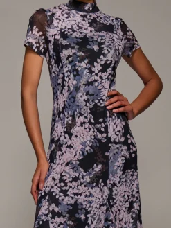 Turtle Neckline Mesh Maxi Dress, Black Abstract