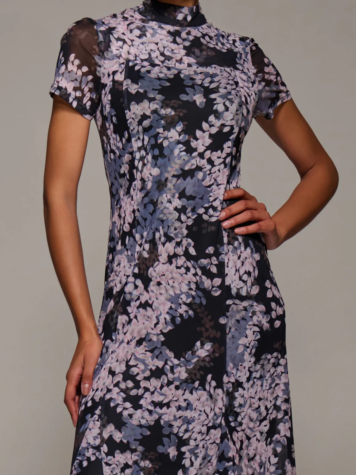 Turtle Neckline Mesh Maxi Dress, Black Abstract