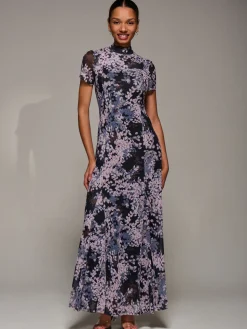 Turtle Neckline Mesh Maxi Dress, Black Abstract