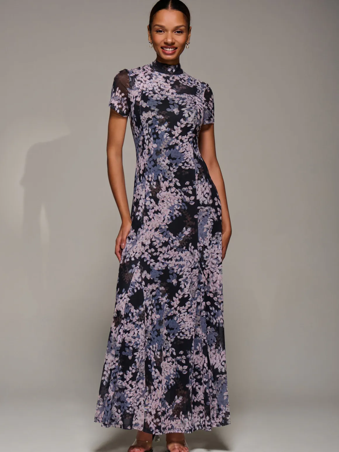 Turtle Neckline Mesh Maxi Dress, Black Abstract