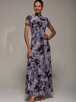 Turtle Neckline Mesh Maxi Dress, Black Abstract