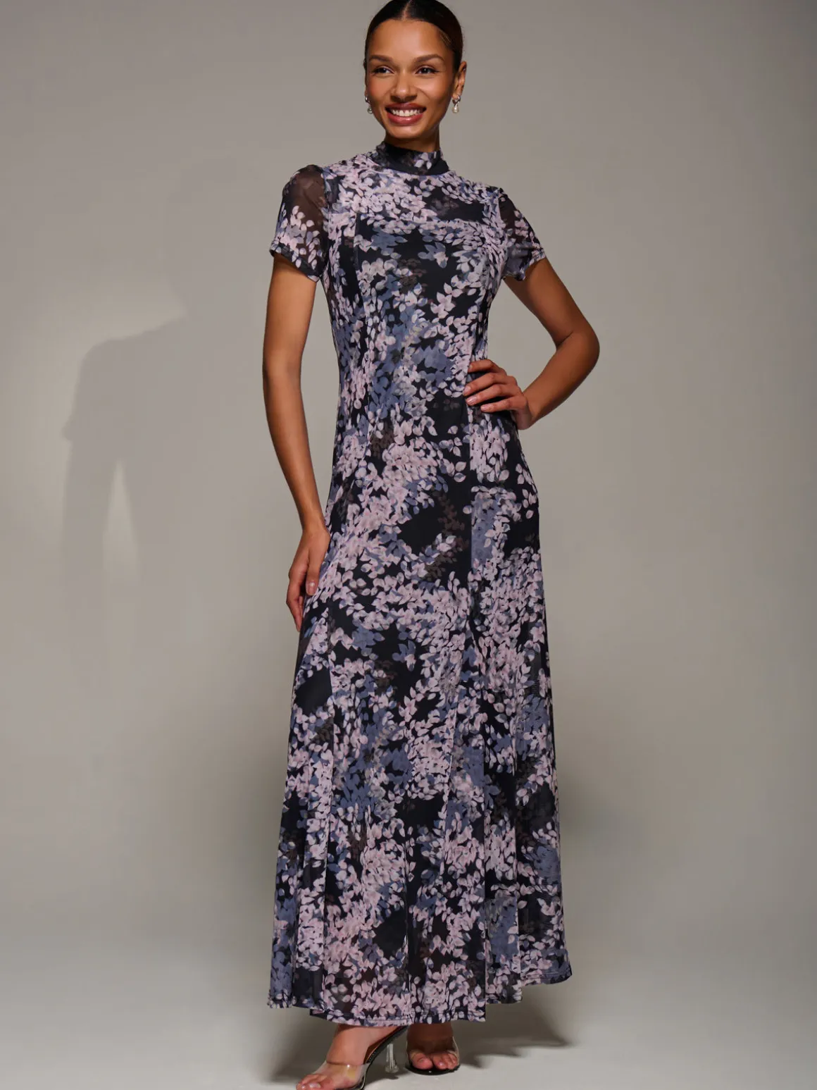 Turtle Neckline Mesh Maxi Dress, Black Abstract