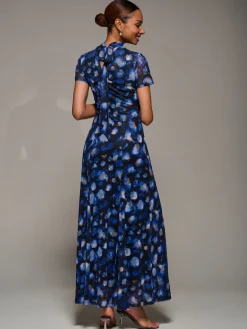 Turtle Neckline Mesh Maxi Dress, Blue Abstract