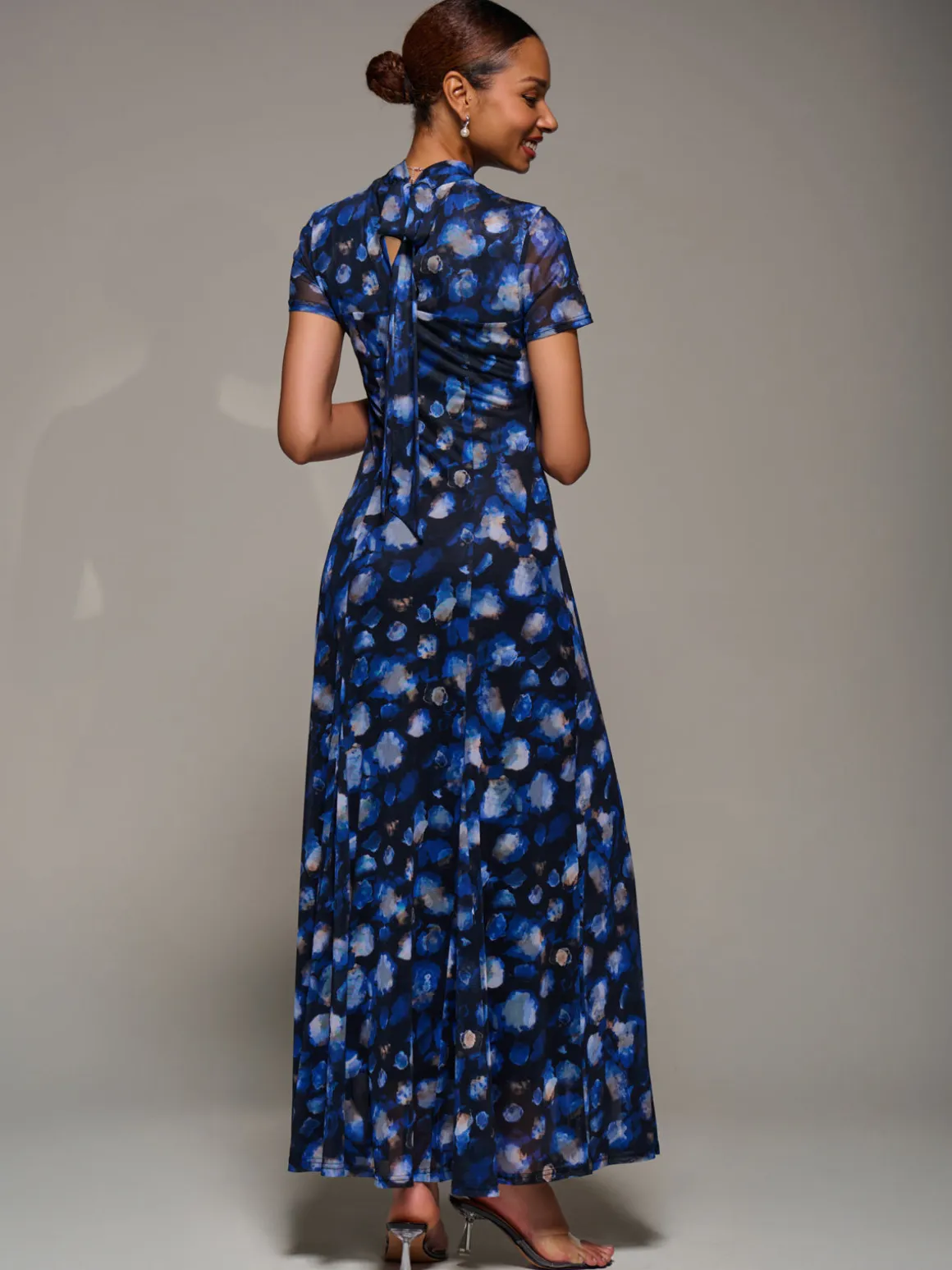 Turtle Neckline Mesh Maxi Dress, Blue Abstract