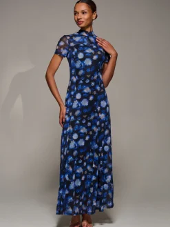 Turtle Neckline Mesh Maxi Dress, Blue Abstract