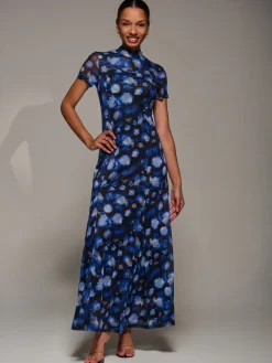 Turtle Neckline Mesh Maxi Dress, Blue Abstract