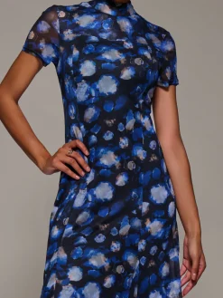 Turtle Neckline Mesh Maxi Dress, Blue Abstract