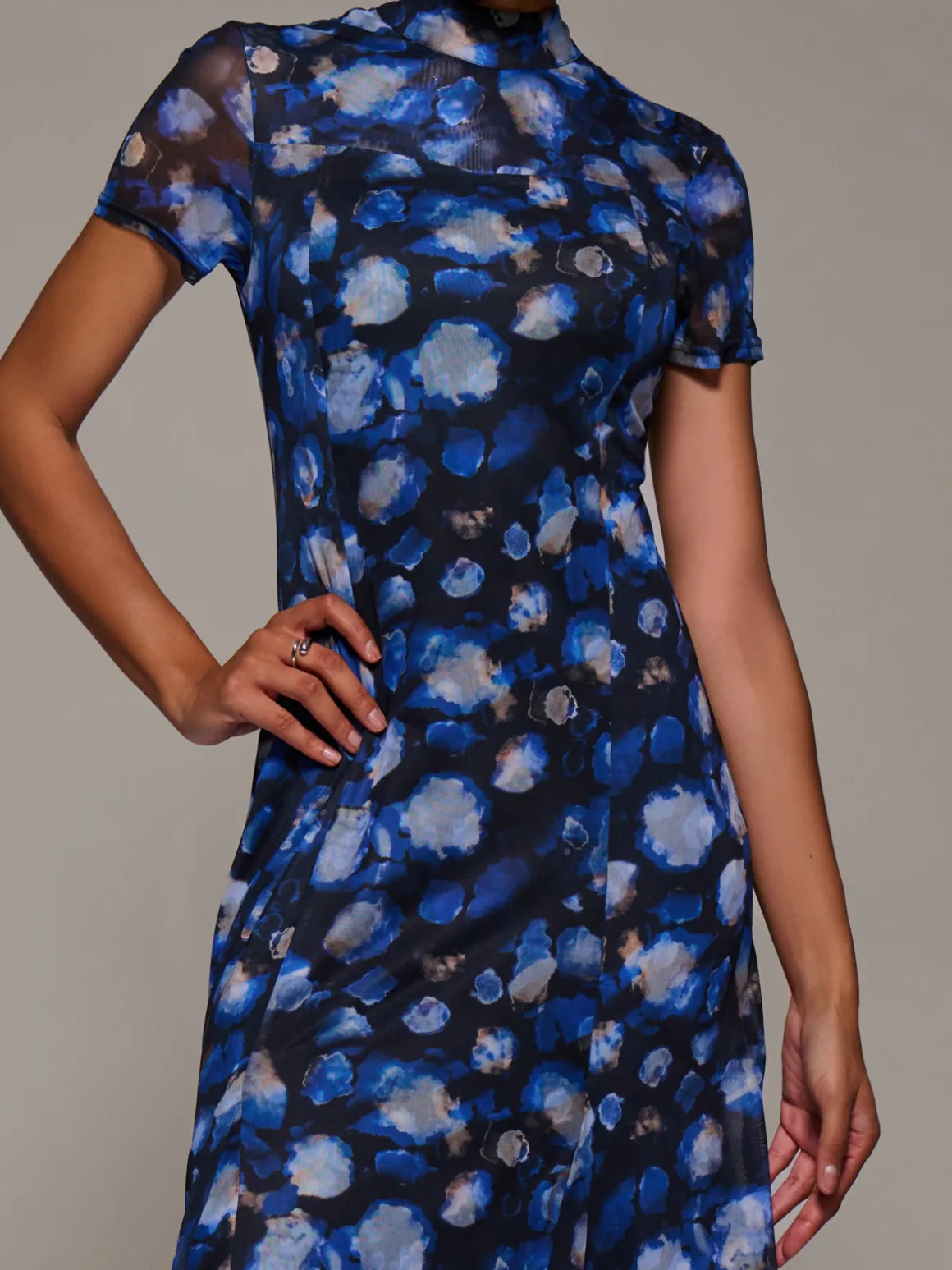 Turtle Neckline Mesh Maxi Dress, Blue Abstract