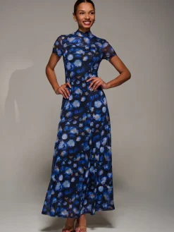 Turtle Neckline Mesh Maxi Dress, Blue Abstract