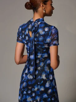 Turtle Neckline Mesh Maxi Dress, Blue Abstract