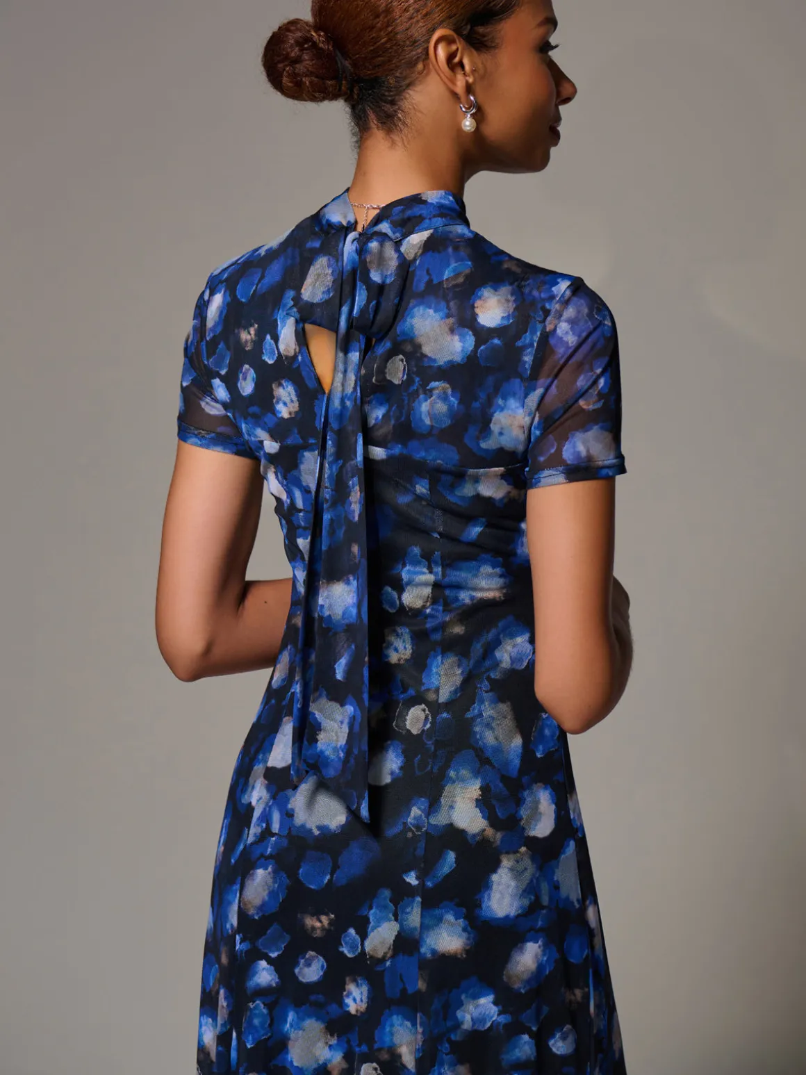 Turtle Neckline Mesh Maxi Dress, Blue Abstract