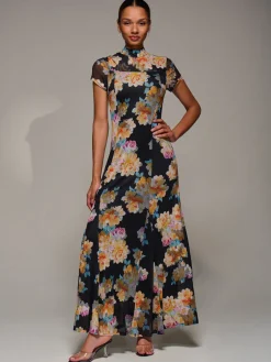 Turtle Neckline Mesh Maxi Dress, Yellow Floral