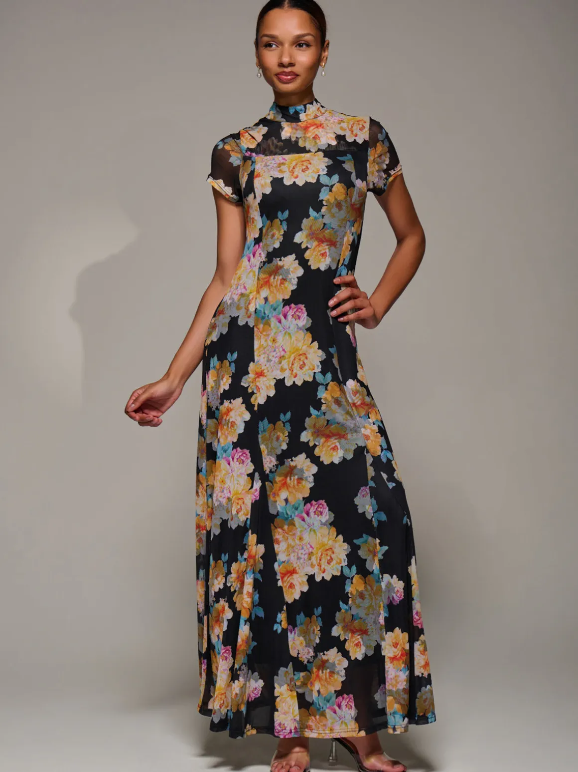 Turtle Neckline Mesh Maxi Dress, Yellow Floral