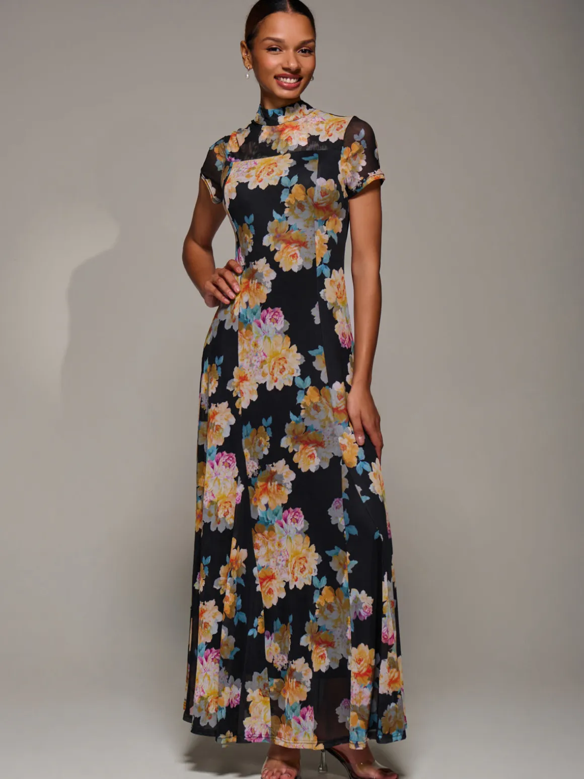 Turtle Neckline Mesh Maxi Dress, Yellow Floral