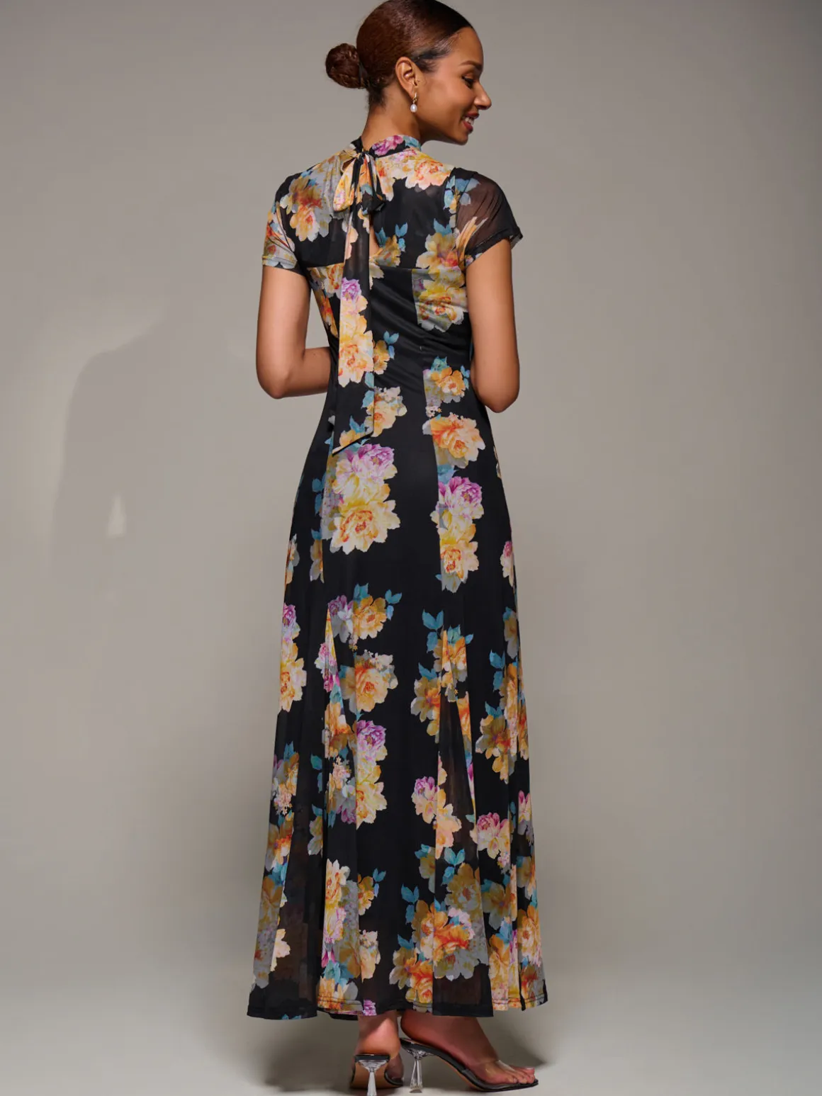 Turtle Neckline Mesh Maxi Dress, Yellow Floral