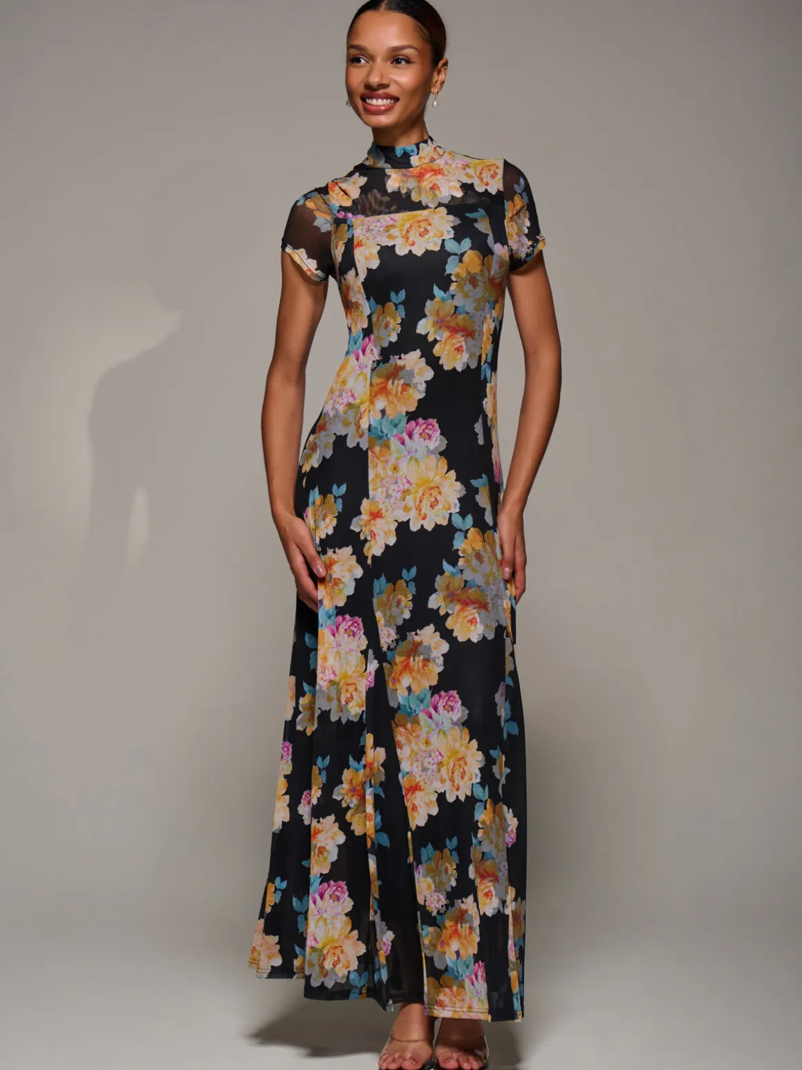 Turtle Neckline Mesh Maxi Dress, Yellow Floral