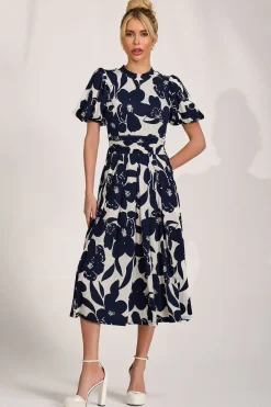 Turtle Neck Puff Sleeve Jersey Midi Dress, Cream Floral