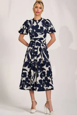 Turtle Neck Puff Sleeve Jersey Midi Dress, Cream Floral