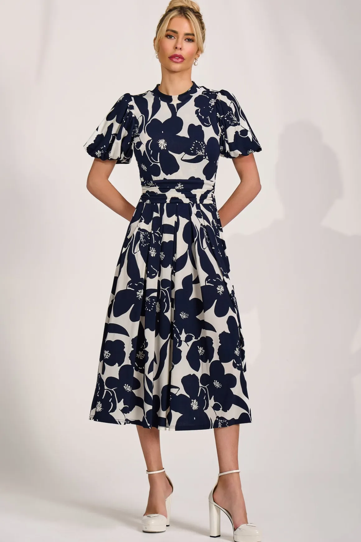 Turtle Neck Puff Sleeve Jersey Midi Dress, Cream Floral