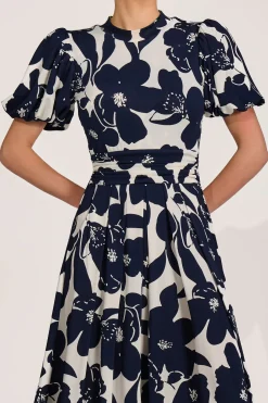 Turtle Neck Puff Sleeve Jersey Midi Dress, Cream Floral