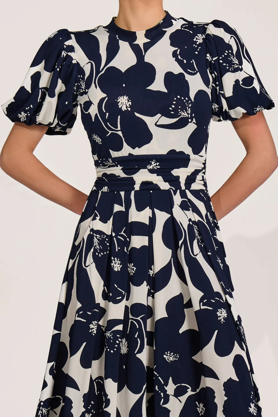 Turtle Neck Puff Sleeve Jersey Midi Dress, Cream Floral