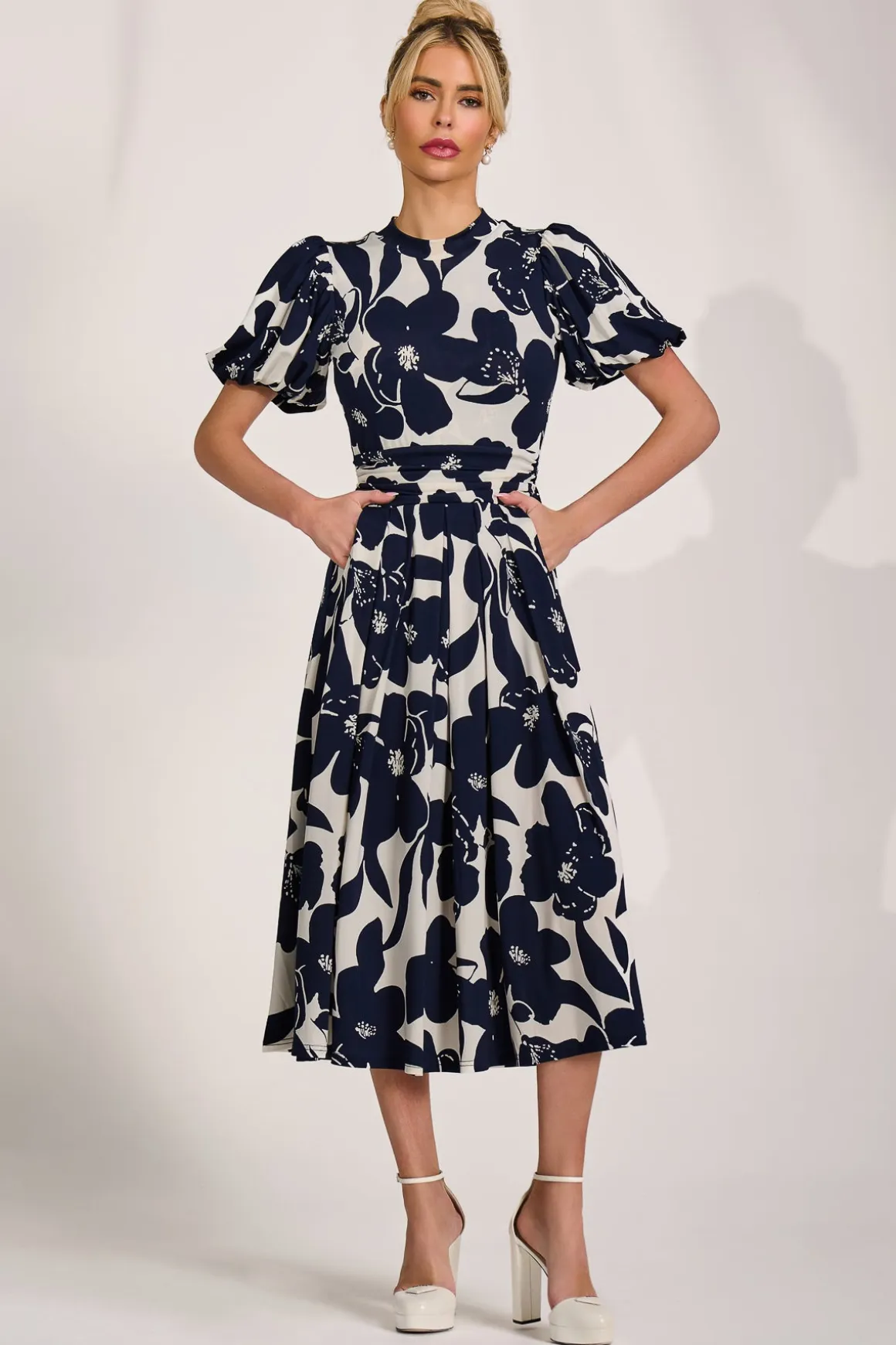 Turtle Neck Puff Sleeve Jersey Midi Dress, Cream Floral