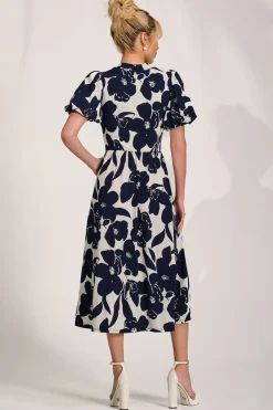 Turtle Neck Puff Sleeve Jersey Midi Dress, Cream Floral