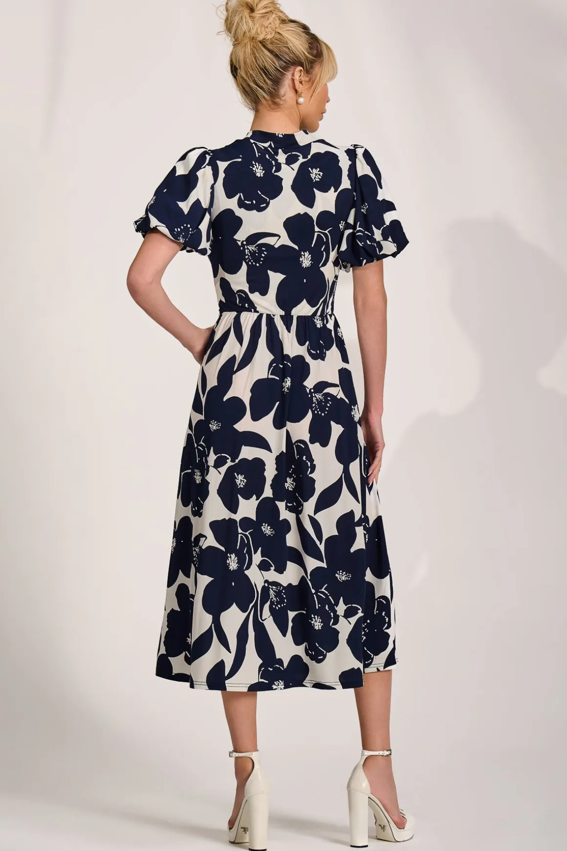 Turtle Neck Puff Sleeve Jersey Midi Dress, Cream Floral