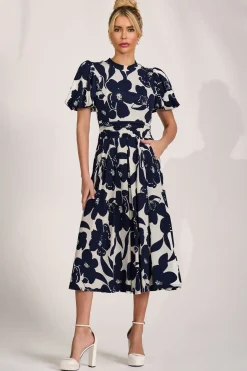Turtle Neck Puff Sleeve Jersey Midi Dress, Cream Floral