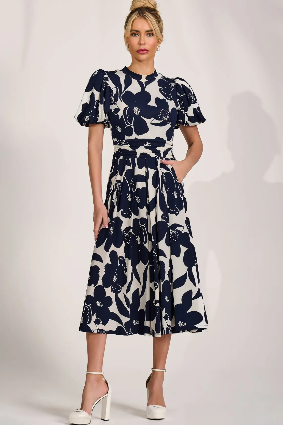 Turtle Neck Puff Sleeve Jersey Midi Dress, Cream Floral