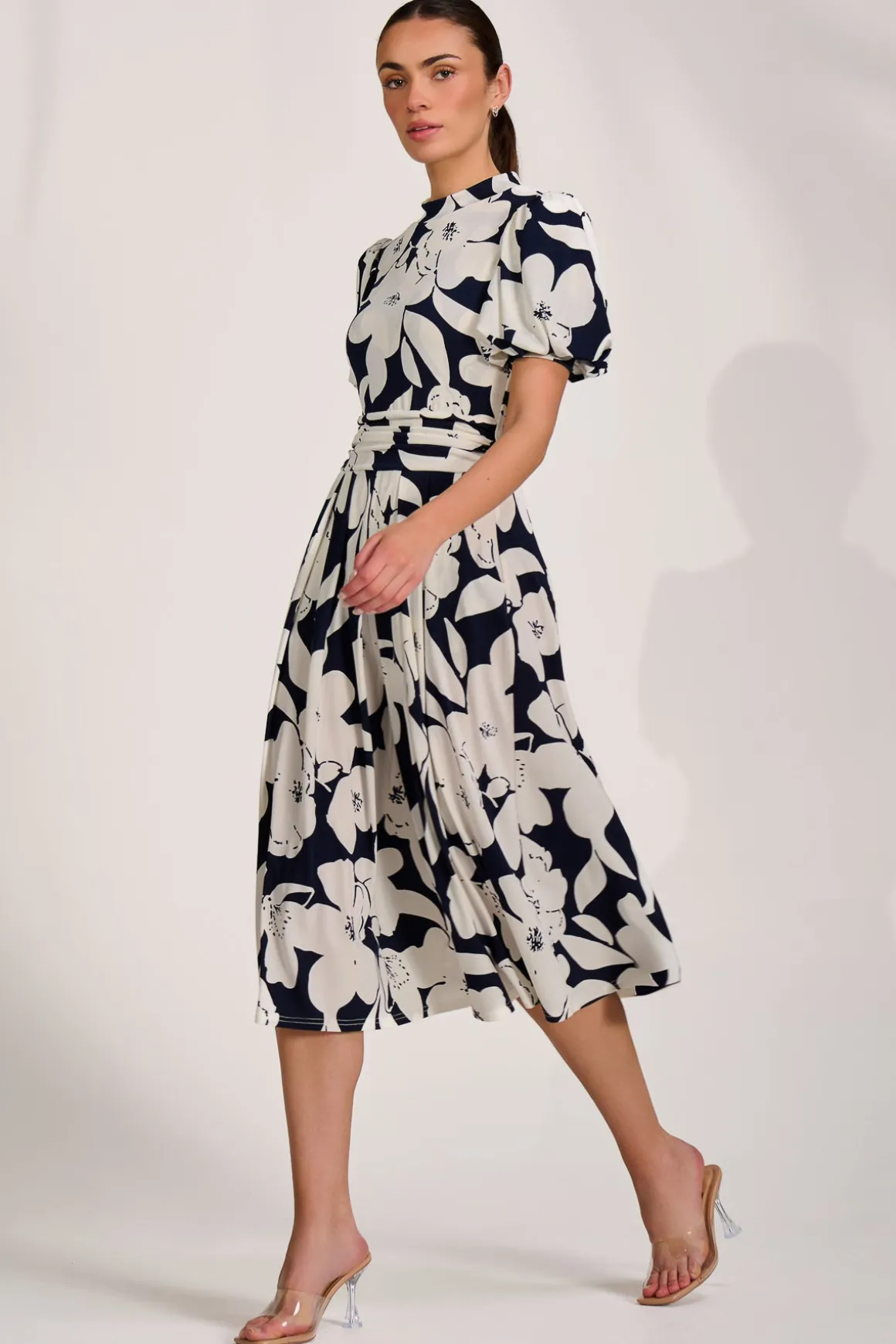 Turtle Neck Puff Sleeve Jersey Midi Dress, Navy Floral