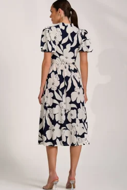 Turtle Neck Puff Sleeve Jersey Midi Dress, Navy Floral