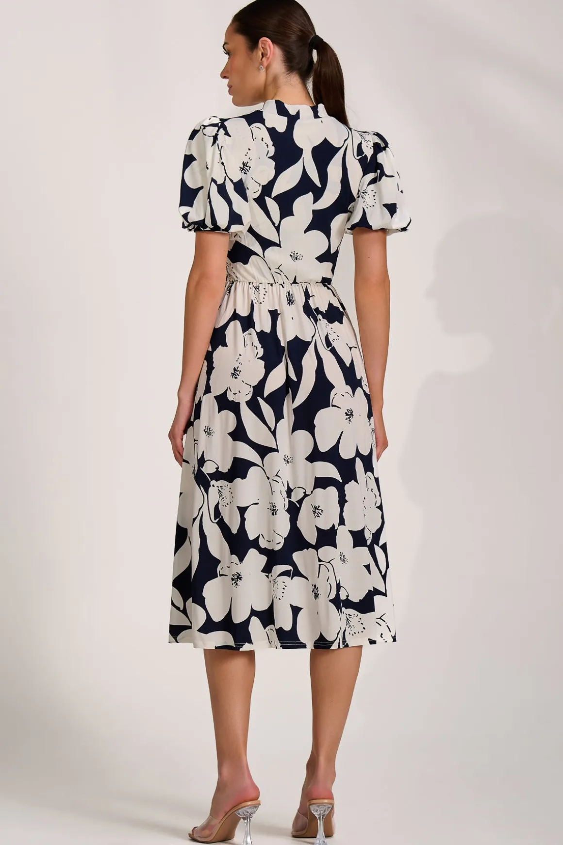 Turtle Neck Puff Sleeve Jersey Midi Dress, Navy Floral