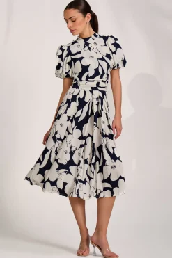 Turtle Neck Puff Sleeve Jersey Midi Dress, Navy Floral