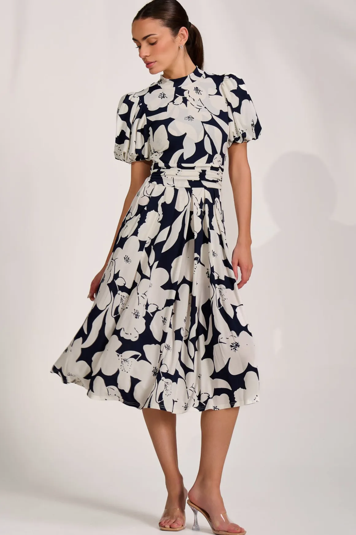 Turtle Neck Puff Sleeve Jersey Midi Dress, Navy Floral