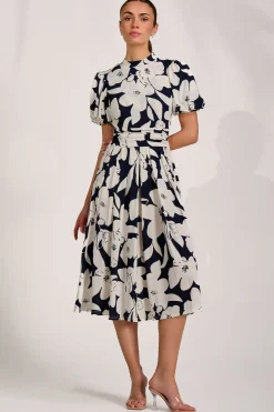Turtle Neck Puff Sleeve Jersey Midi Dress, Navy Floral