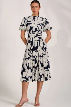 Turtle Neck Puff Sleeve Jersey Midi Dress, Navy Floral