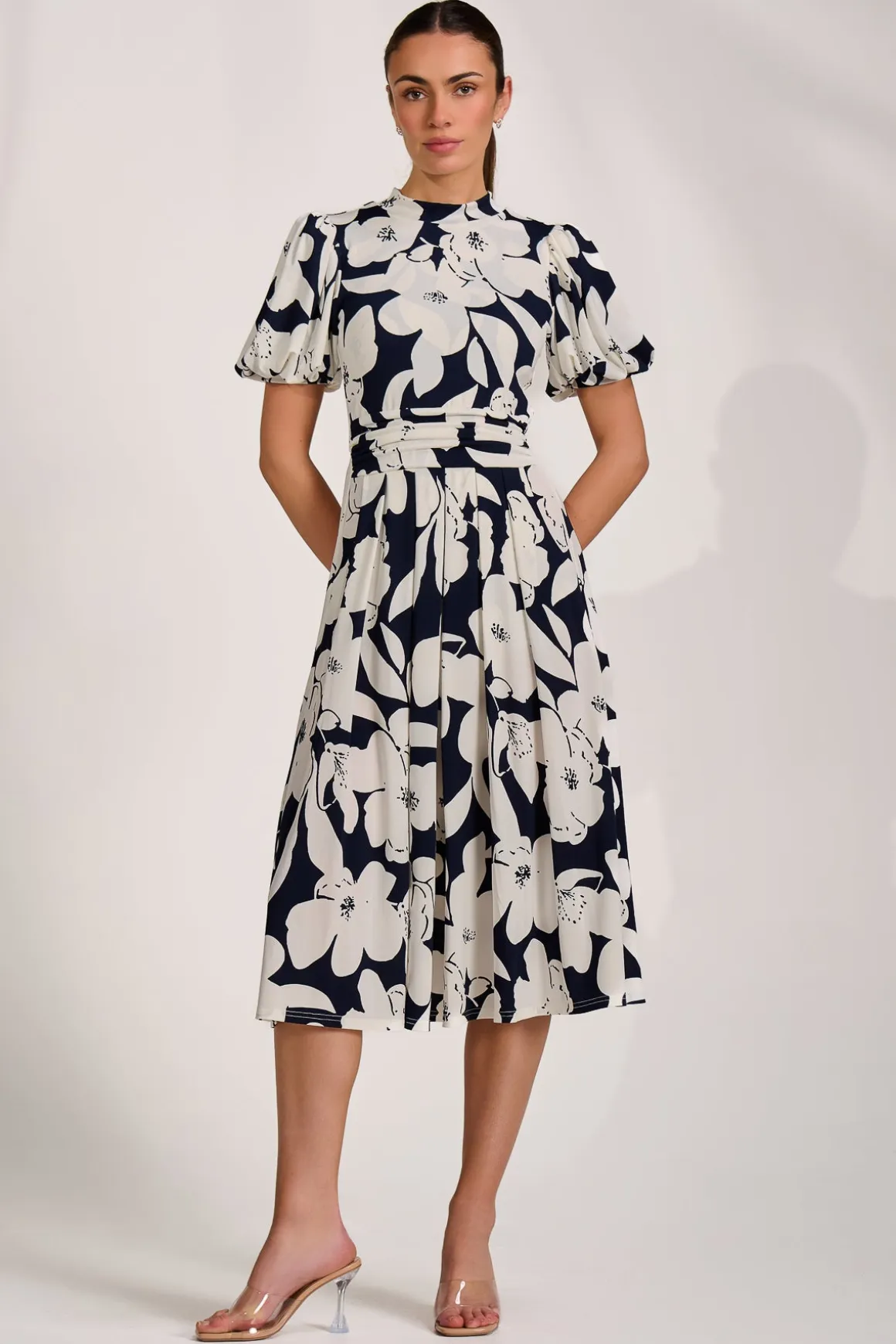 Turtle Neck Puff Sleeve Jersey Midi Dress, Navy Floral