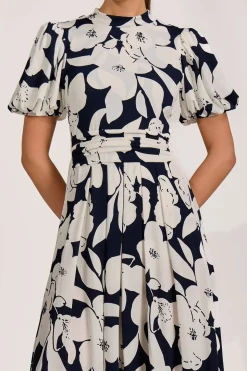 Turtle Neck Puff Sleeve Jersey Midi Dress, Navy Floral