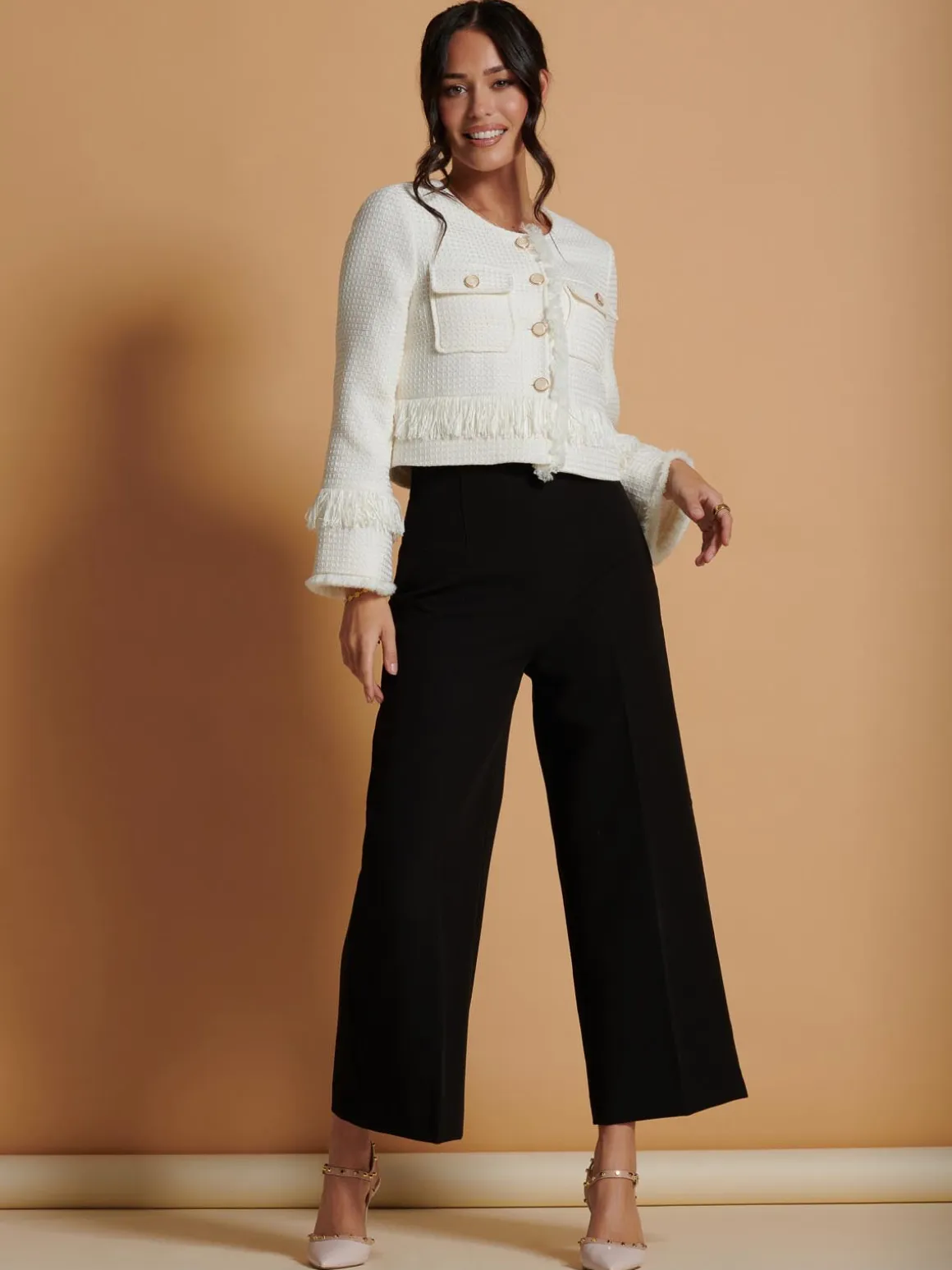 Tweed Fringe Hem Jacket, Cream